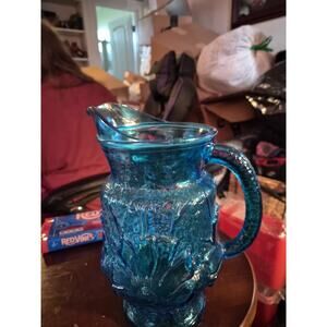 Vintage Anchor Hocking Rainflower Pitcher In N laser Blue With Embossed...